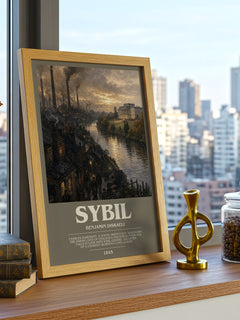 Sybil Bookish Wall Art by Benjamin Disraeli – framed print on a city-view windowsill