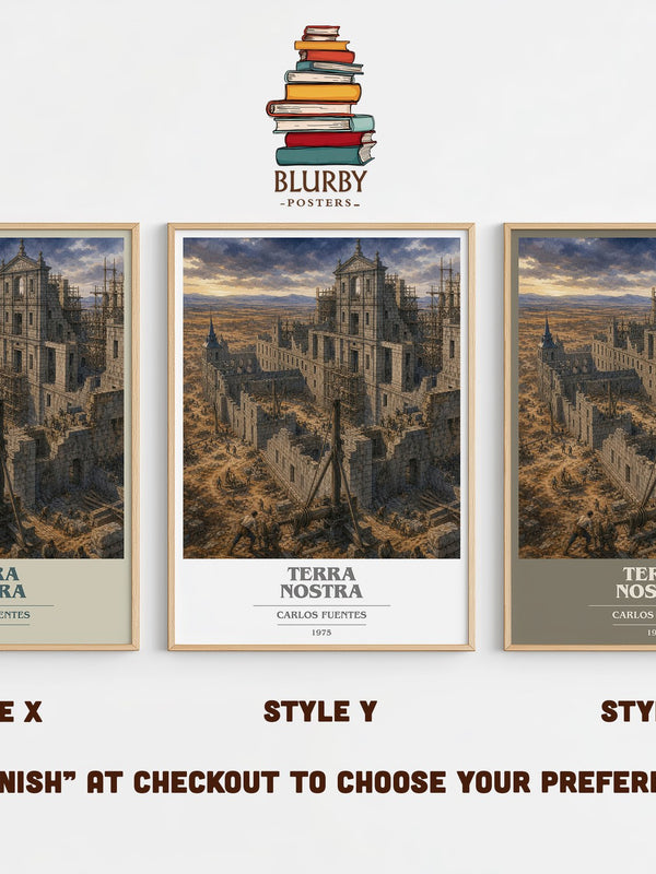 Terra Nostra book cover print in frame leaning in hallway – literary fiction wall art
