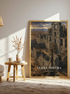 Terra Nostra watercolour print in frame leaning in hallway – literary fiction wall art