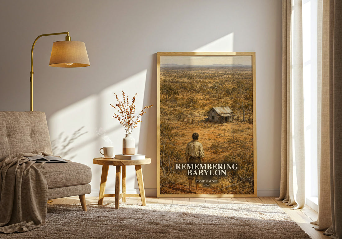 Remembering Babylon watercolour print in frame leaning in hallway – literary fiction wall art