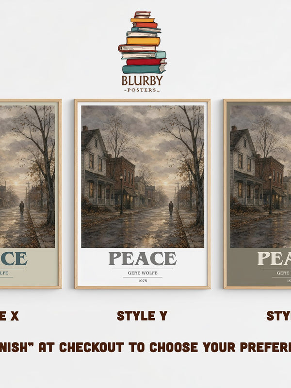 Peace book cover print in frame leaning in hallway – literary fiction wall art