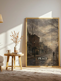 Peace watercolour print in frame leaning in hallway – literary fiction wall art