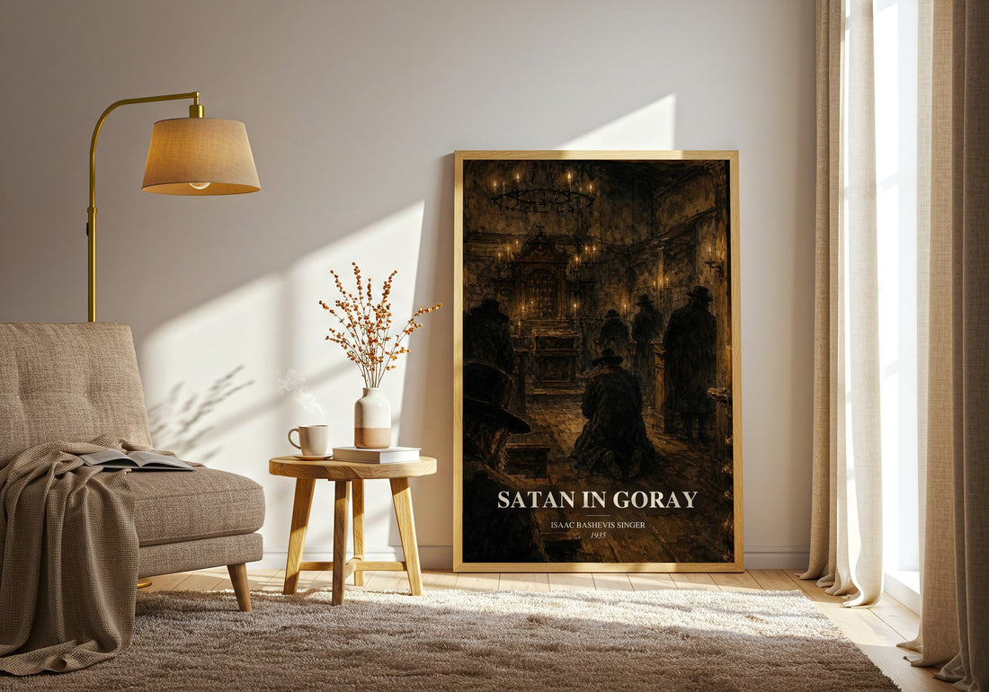 Satan In Goray watercolour print in frame leaning in hallway – historical fiction wall art