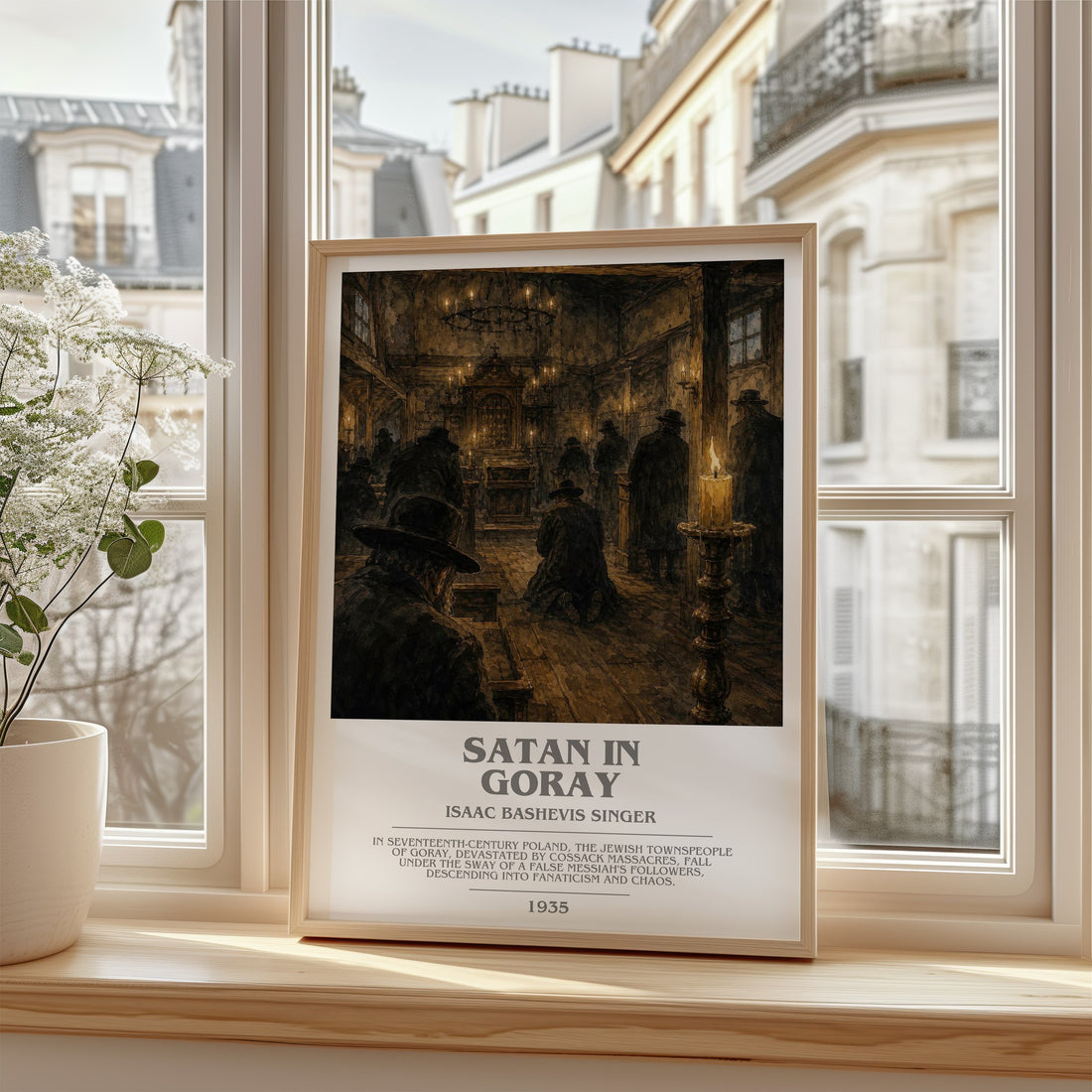 Satan In Goray Bookish Wall Art by Isaac Bashevis Singer – framed print by a bright window