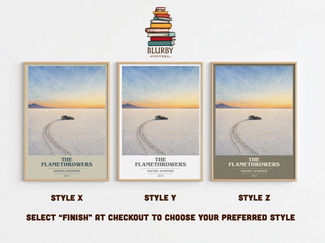 The Flamethrowers book cover print in frame leaning in hallway – contemporary fiction wall art (mockup)