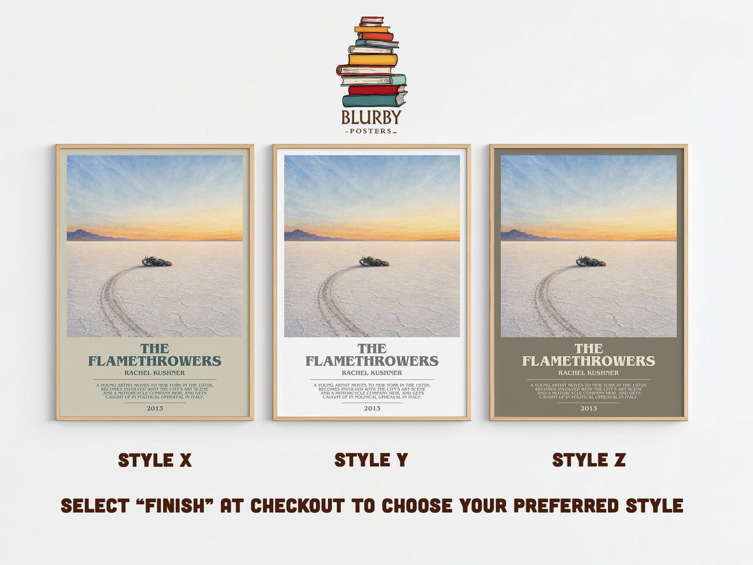 The Flamethrowers Bookish Wall Art by Rachel Kushner – Style X, Y and Z side by side – choose your finish
