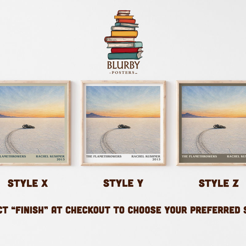 The Flamethrowers literary print in frame leaning in hallway – contemporary fiction wall art