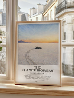 The Flamethrowers Bookish Wall Art by Rachel Kushner – framed print by a bright window