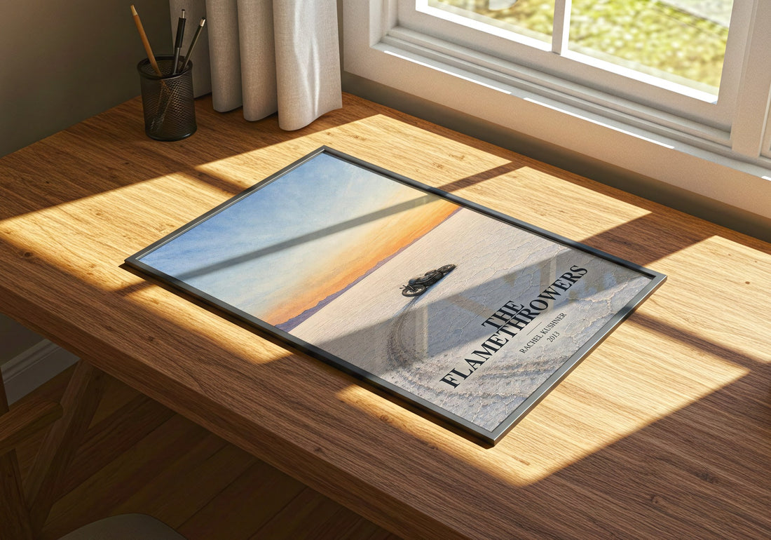 The Flamethrowers watercolour book poster framed on wall – contemporary fiction wall art
