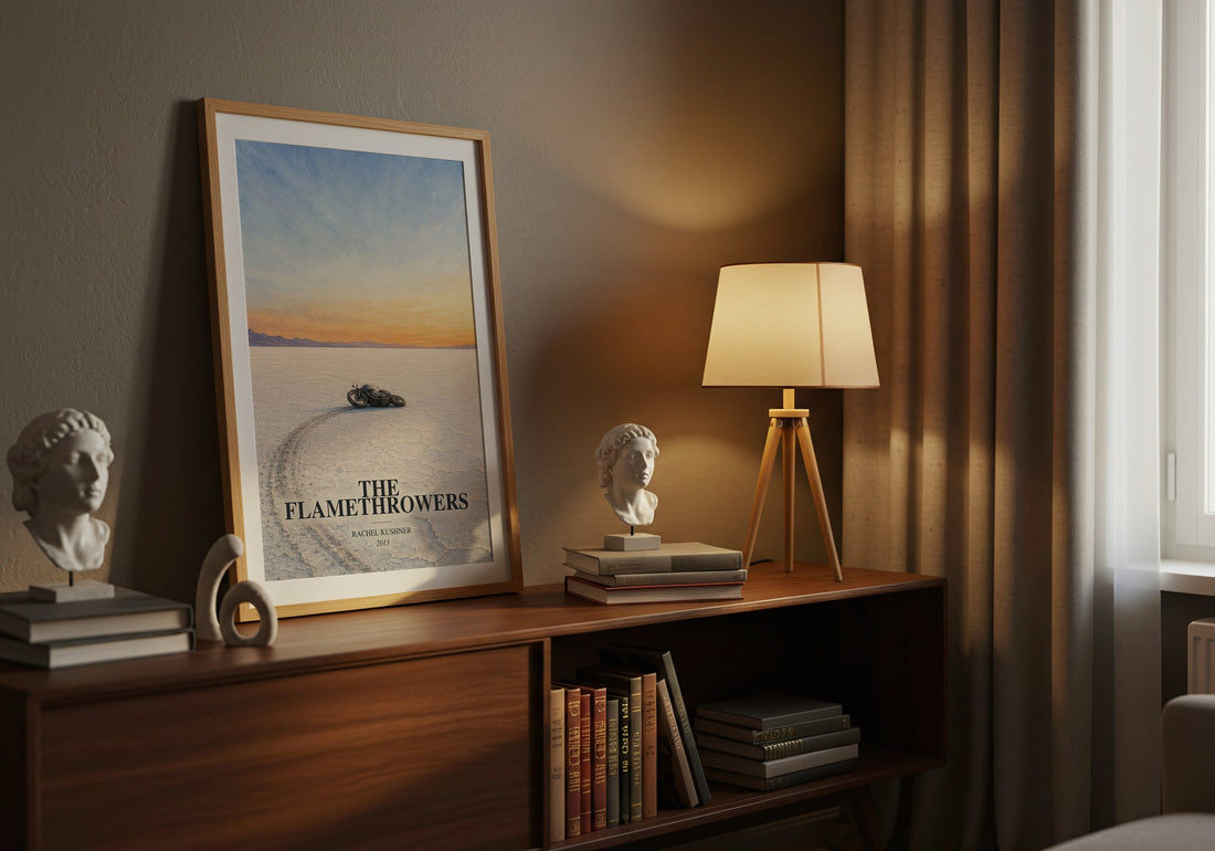 The Flamethrowers watercolour print on bookshelf – Rachel Kushner fan gift