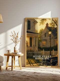 Home Sweet Homicide watercolour print in frame leaning in hallway – mystery wall art