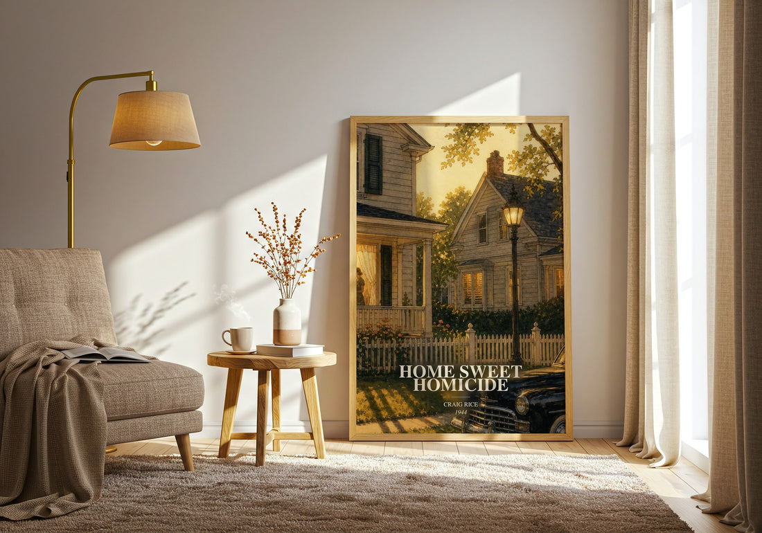 Home Sweet Homicide watercolour print in frame leaning in hallway – mystery wall art