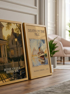 Home Sweet Homicide watercolour print framed by window – literary home decor