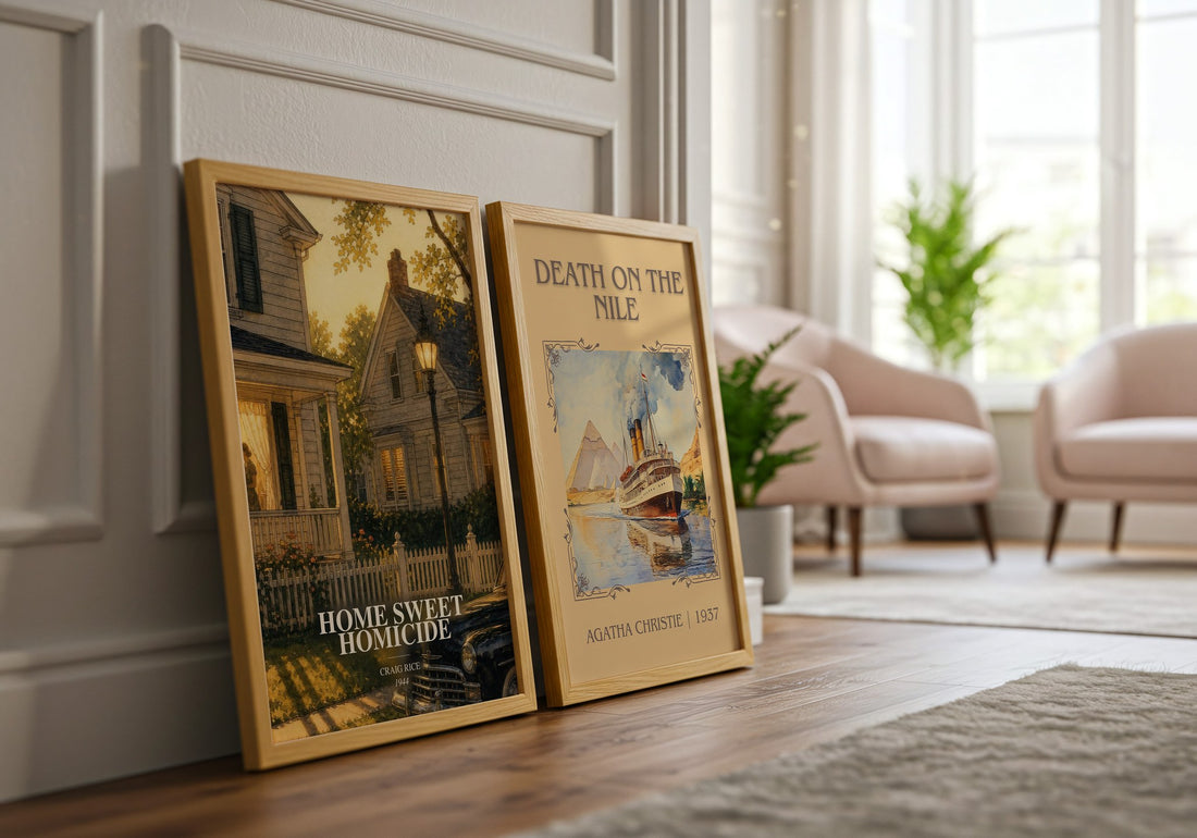 Home Sweet Homicide watercolour print framed by window – literary home decor