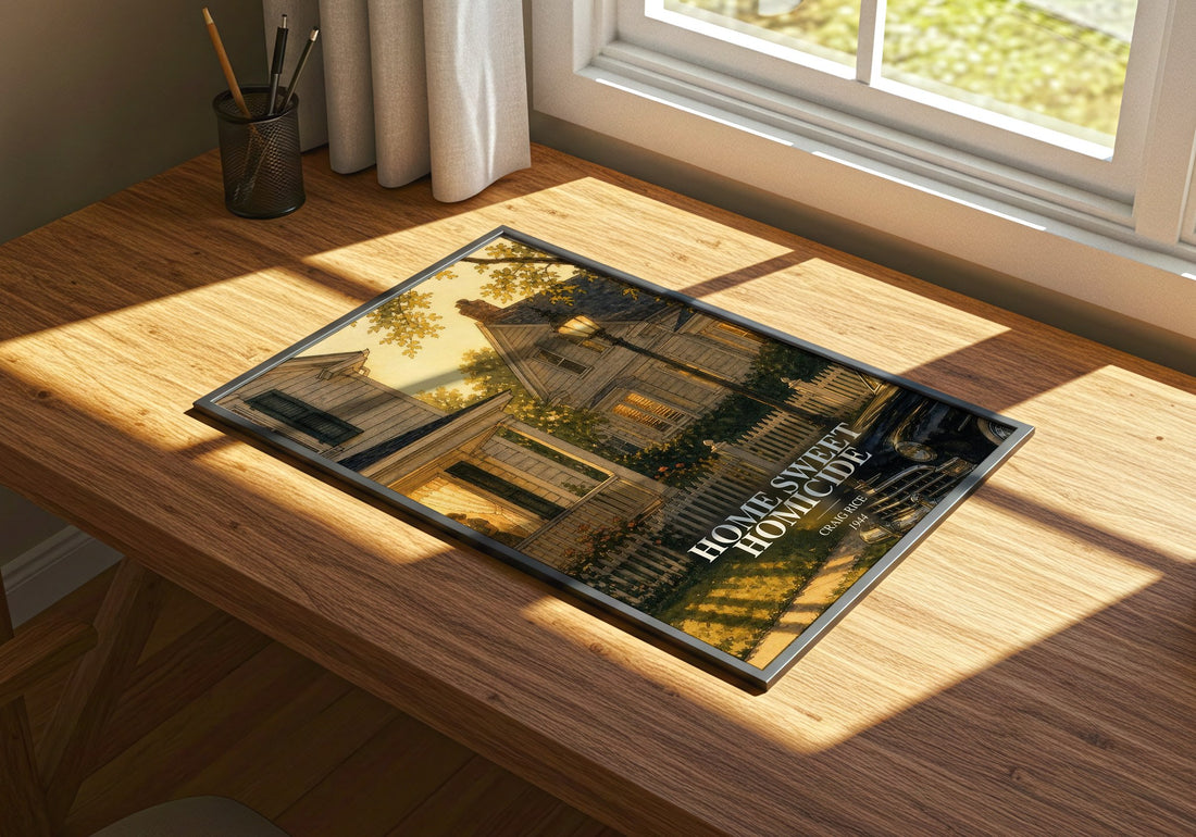 Home Sweet Homicide watercolour book poster framed on wall – mystery wall art