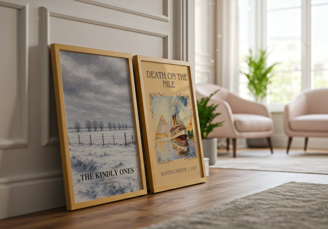 The Kindly Ones watercolour print framed by window – literary home decor