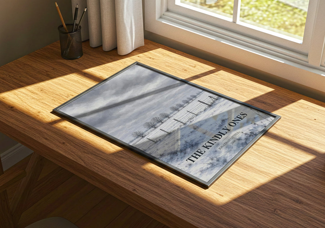 The Kindly Ones watercolour book poster framed on wall – historical fiction wall art