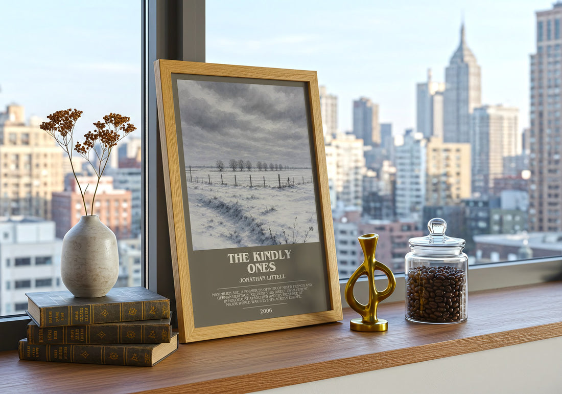 The Kindly Ones Bookish Wall Art by Jonathan Littell – framed print on a city-view windowsill