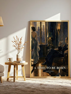 A Time To Be Born watercolour print in frame leaning in hallway – satire wall art