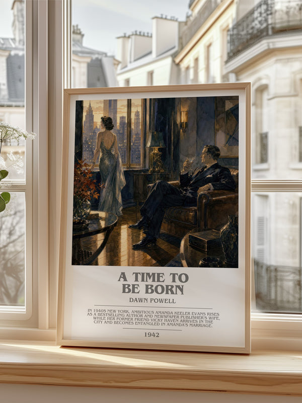 A Time To Be Born Bookish Wall Art by Dawn Powell – framed print by a bright window