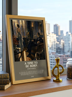 A Time To Be Born Bookish Wall Art by Dawn Powell – framed print on a city-view windowsill