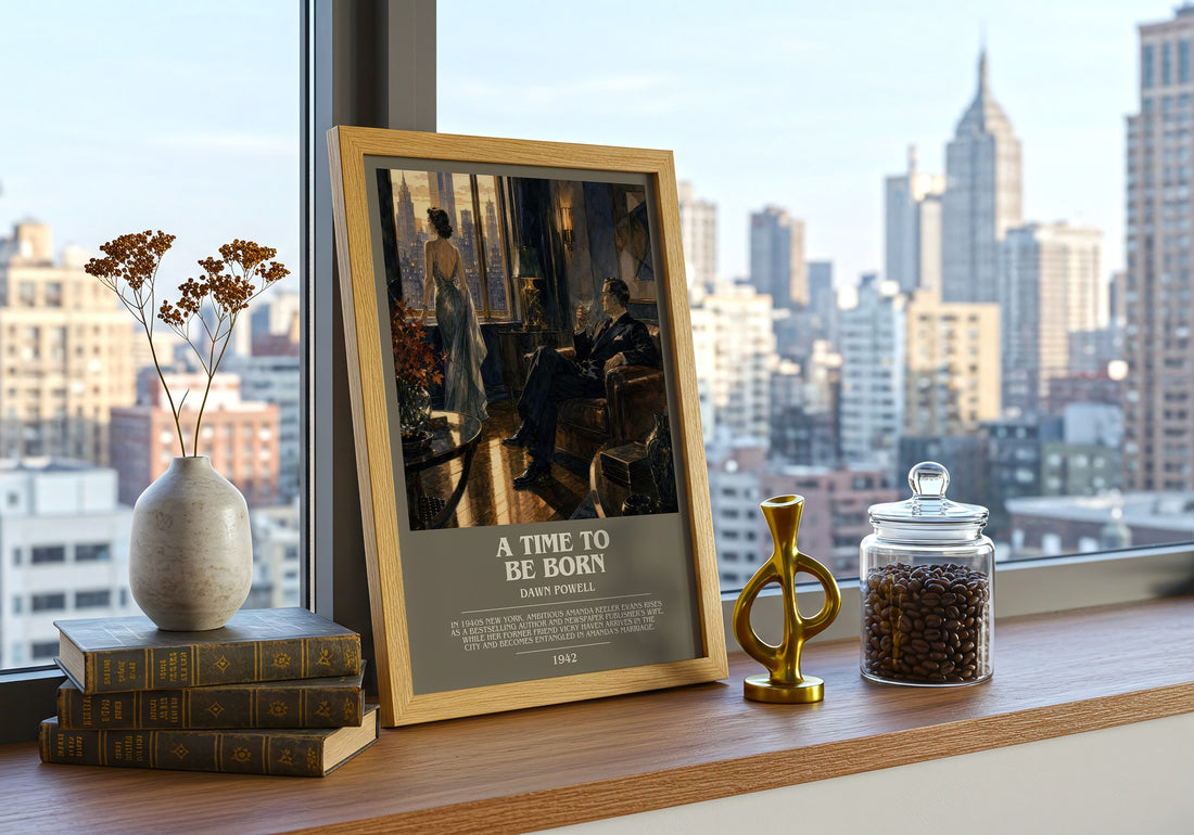 A Time To Be Born Bookish Wall Art by Dawn Powell – framed print on a city-view windowsill