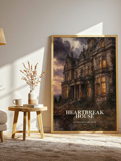 Heartbreak House watercolour print in frame leaning in hallway – satire wall art