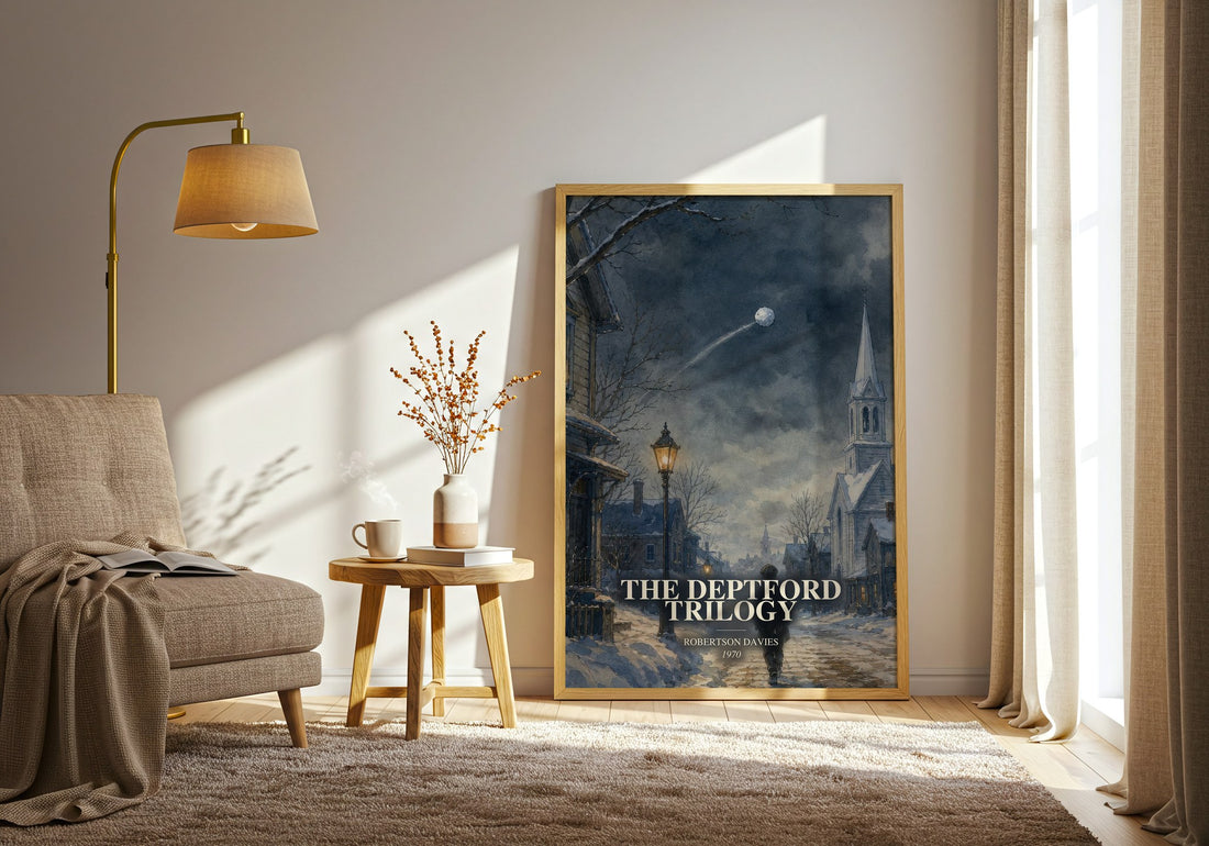The Deptford Trilogy watercolour print in frame leaning in hallway – literary fiction wall art