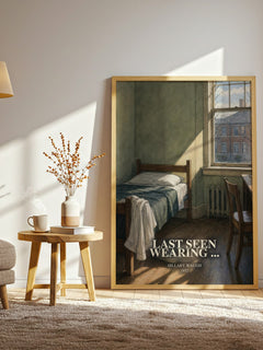 Last Seen Wearing ... watercolour print in frame leaning in hallway – mystery wall art