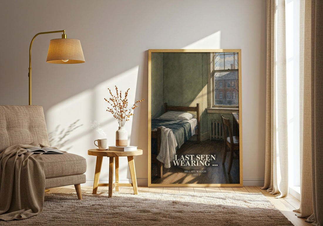 Last Seen Wearing ... watercolour print in frame leaning in hallway – mystery wall art