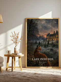 Lady into Fox watercolour print in frame leaning in hallway – literary fiction wall art
