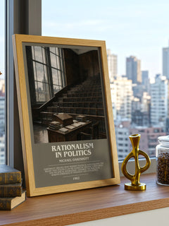 Rationalism in Politics Bookish Wall Art by Michael Oakeshott – framed print on a city-view windowsill