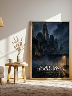 Night Has A Thousand Eyes watercolour print in frame leaning in hallway – thriller wall art