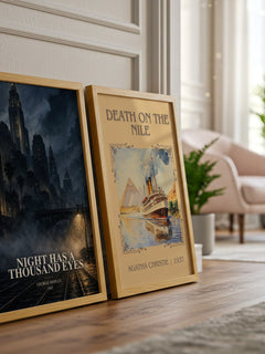 Night Has A Thousand Eyes watercolour print framed by window – literary home decor