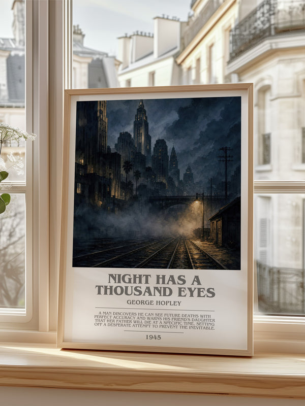 Night Has A Thousand Eyes Bookish Wall Art by George Hopley – framed print by a bright window