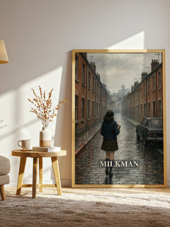 Milkman watercolour print in frame leaning in hallway – literary fiction wall art