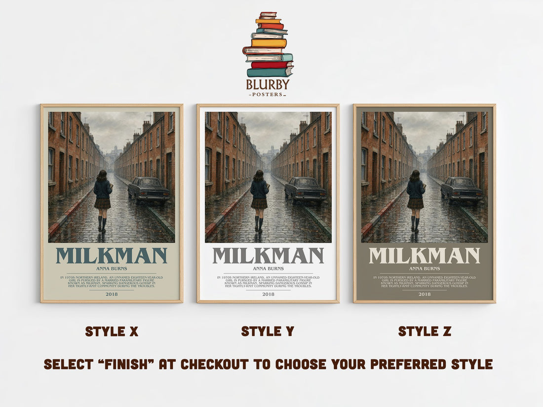 Milkman Bookish Wall Art by Anna Burns – Style X, Y and Z side by side – choose your finish