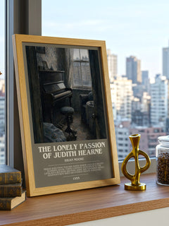 The Lonely Passion of Judith Hearne Bookish Wall Art by Brian Moore – framed print on a city-view windowsill