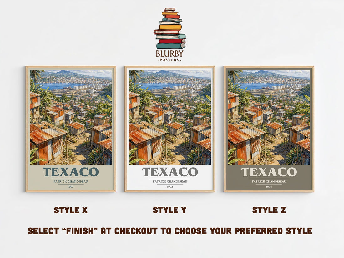 Texaco book cover print in frame leaning in hallway – literary fiction wall art (mockup)