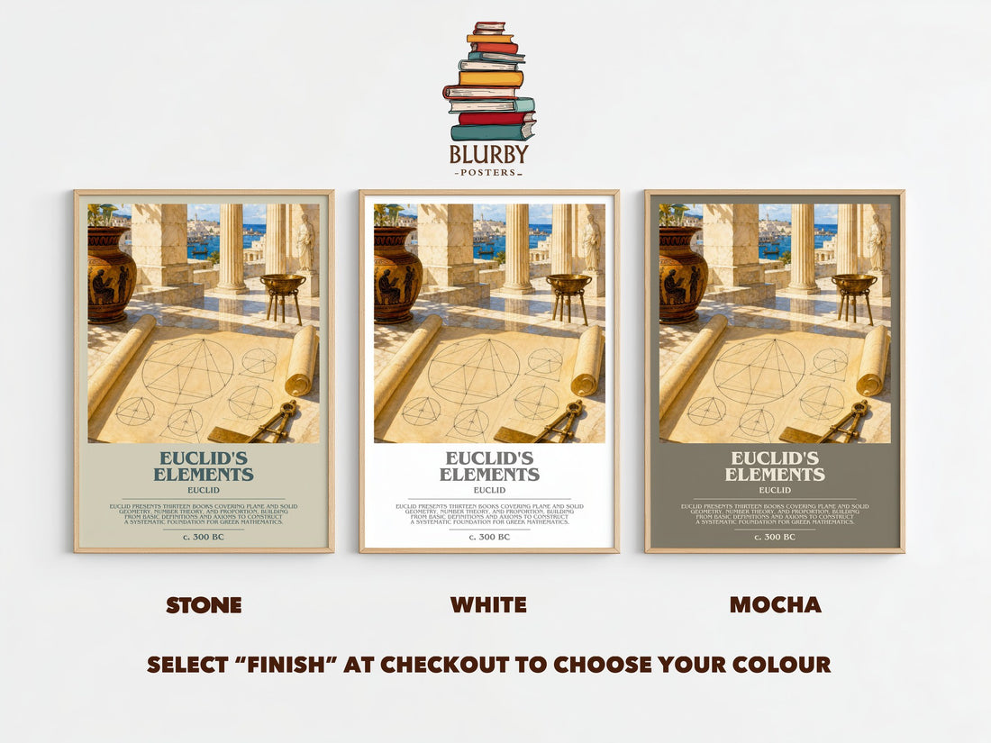 Euclid's Elements bookish print framed by window – Stone, White and Mocha side by side – choose your colour