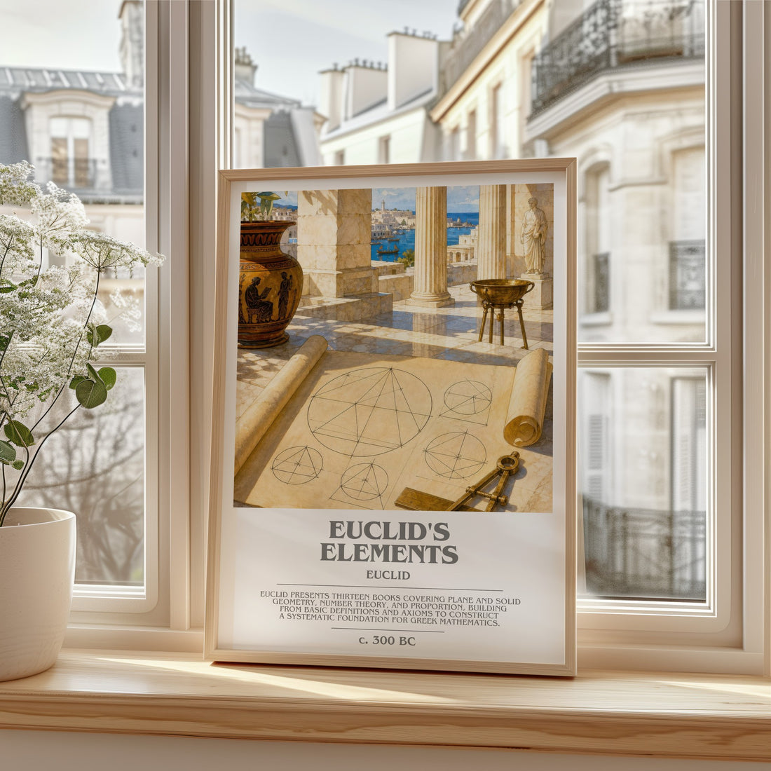 Euclid's Elements bookish print in frame leaning in hallway – philosophy wall art