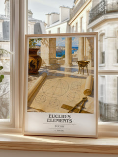 Euclid's Elements book cover print in frame leaning in hallway – philosophy wall art