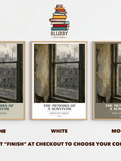 The Memoirs of a Survivor book cover print framed by window – Stone, White and Mocha side by side – choose your colour