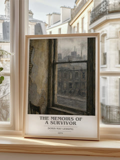 The Memoirs of a Survivor book cover print in frame leaning in hallway – literary fiction wall art