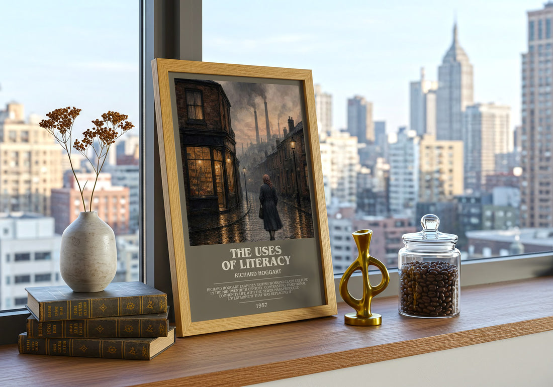 The Uses of Literacy Bookish Wall Art by Richard Hoggart – framed print on a city-view windowsill