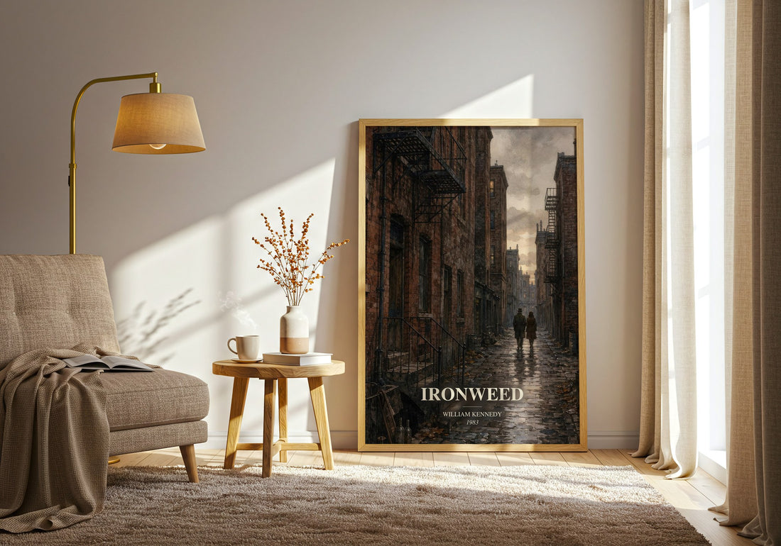 Ironweed watercolour print in frame leaning in hallway – literary fiction wall art