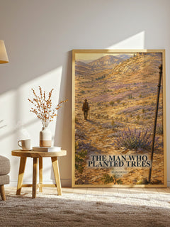 The Man Who Planted Trees watercolour print in frame leaning in hallway – literary fiction wall art