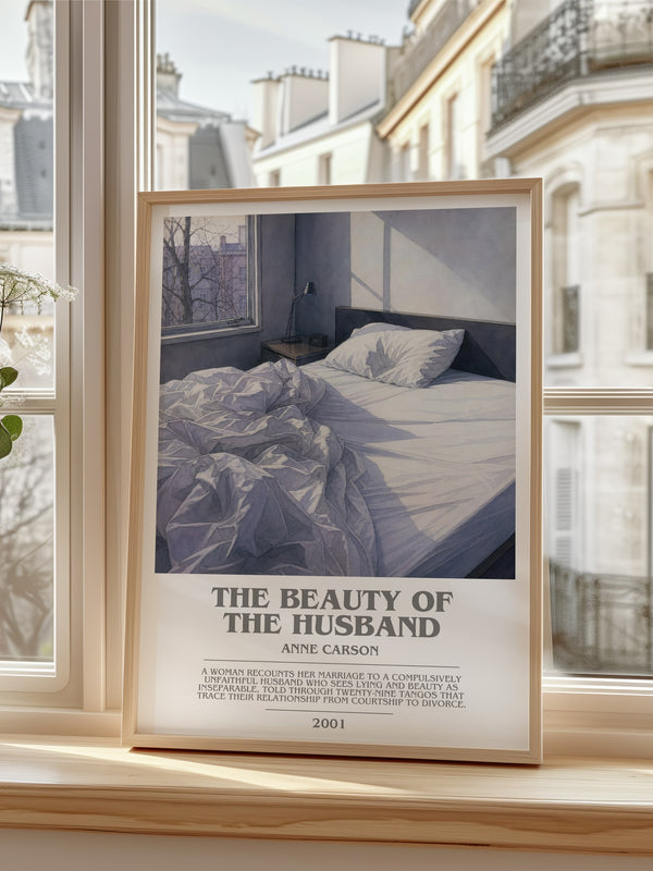 The Beauty Of The Husband Bookish Wall Art by Anne Carson – framed print by a bright window