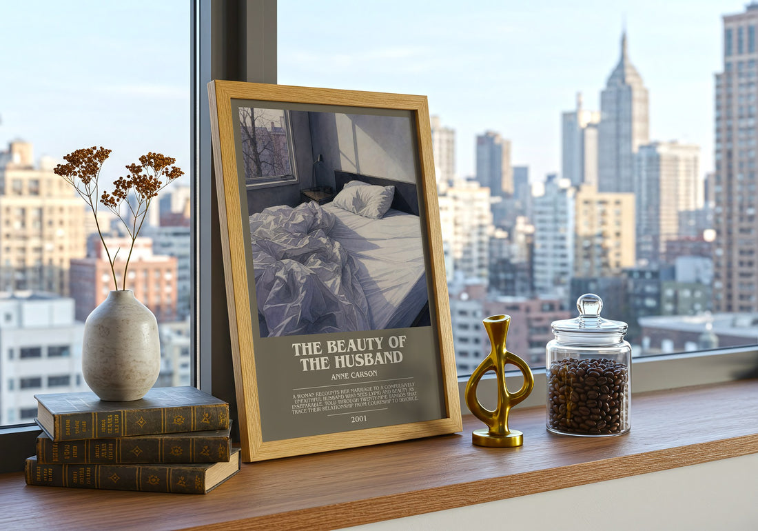 The Beauty Of The Husband Bookish Wall Art by Anne Carson – framed print on a city-view windowsill
