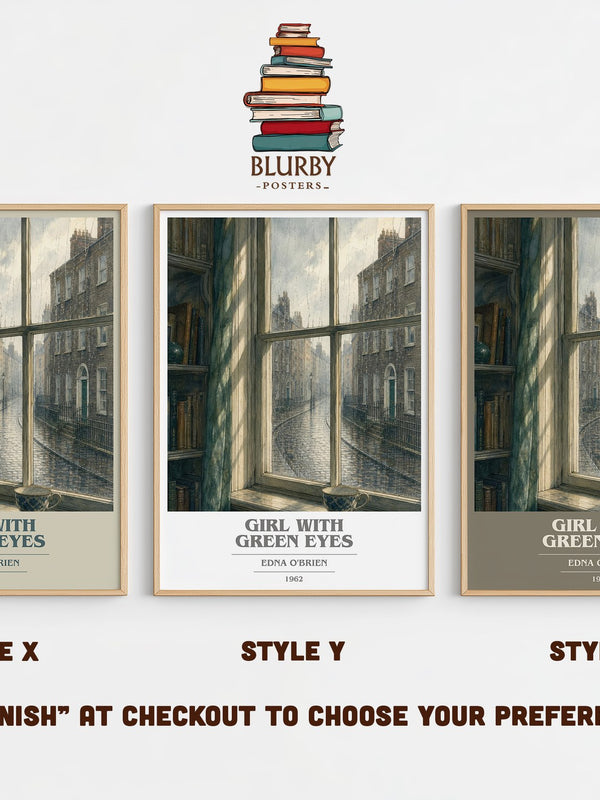 Girl With Green Eyes book cover print in frame leaning in hallway – literary fiction wall art